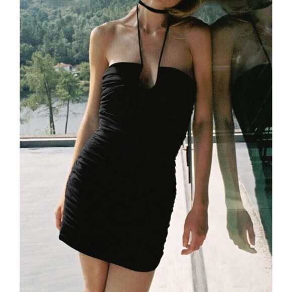 Zara Ruched Tie Neck Halter Mini Little Black Dress Bodycon Sexy Keyhole Front S - Picture 1 of 15